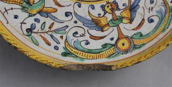 A Deruta maiolica tazza, Italy, first half 17th century, 22.7cm, some losses
